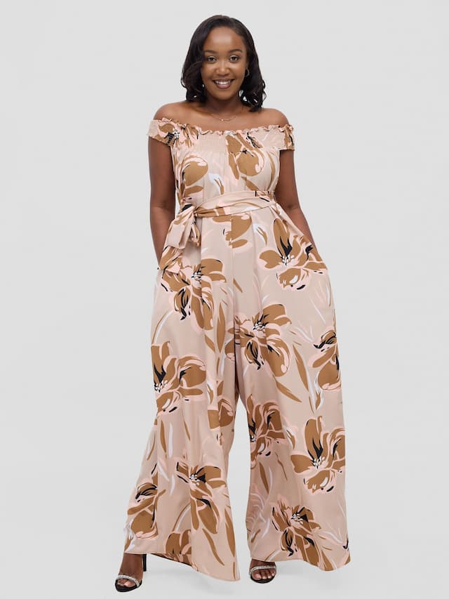 Vivo Alek Shirred Off- Shoulder Jumpsuit - Taupe Jazah Print