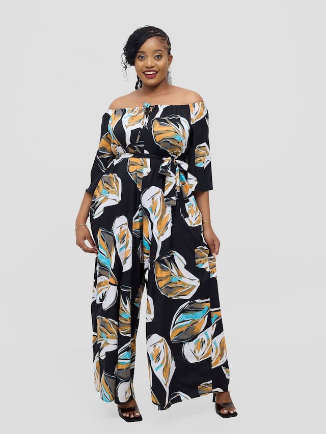Vivo Zahari 3/4 Sleeve Off-Shoulder Jumpsuit - Black Ari Print