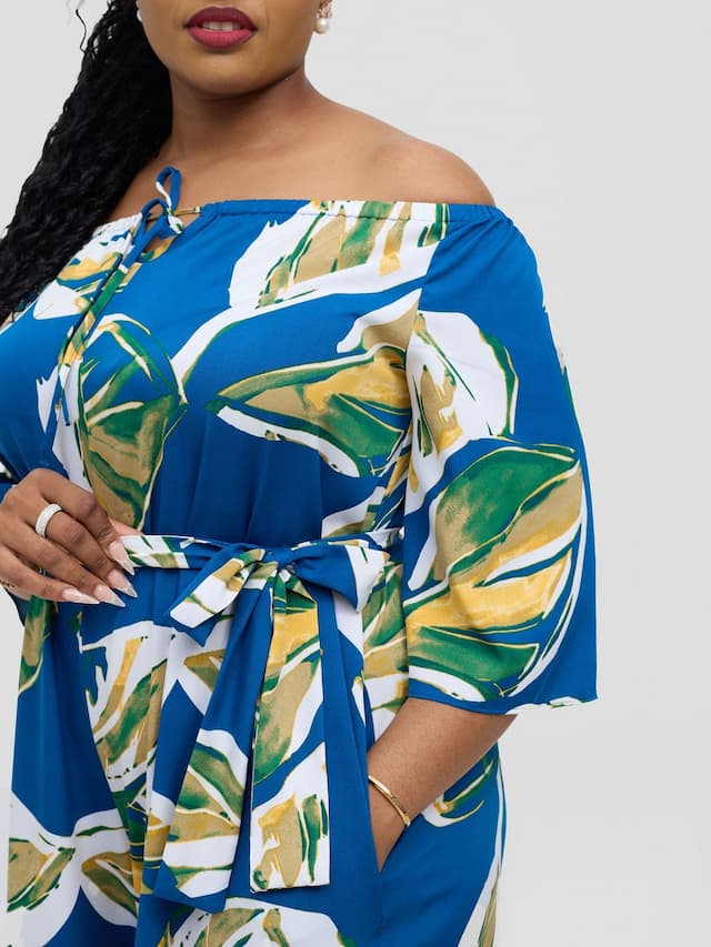 Vivo Zahari 3/4 Sleeve Off-Shoulder Jumpsuit - Royal Blue Ari Print