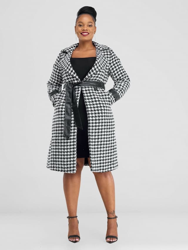 Stylish Sisters Houndstooth Trench Coat Jacket - Black / White