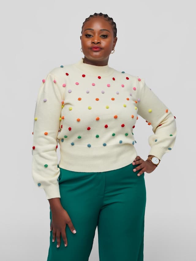 Tuli Nazra Puff Ball Sweater Poncho - Cream