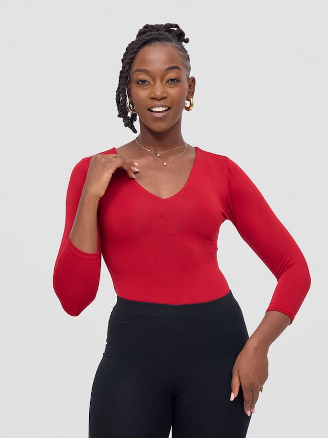 Vivo Basic 3/4 Sleeved Double Layered Bodysuit - Dark Red
