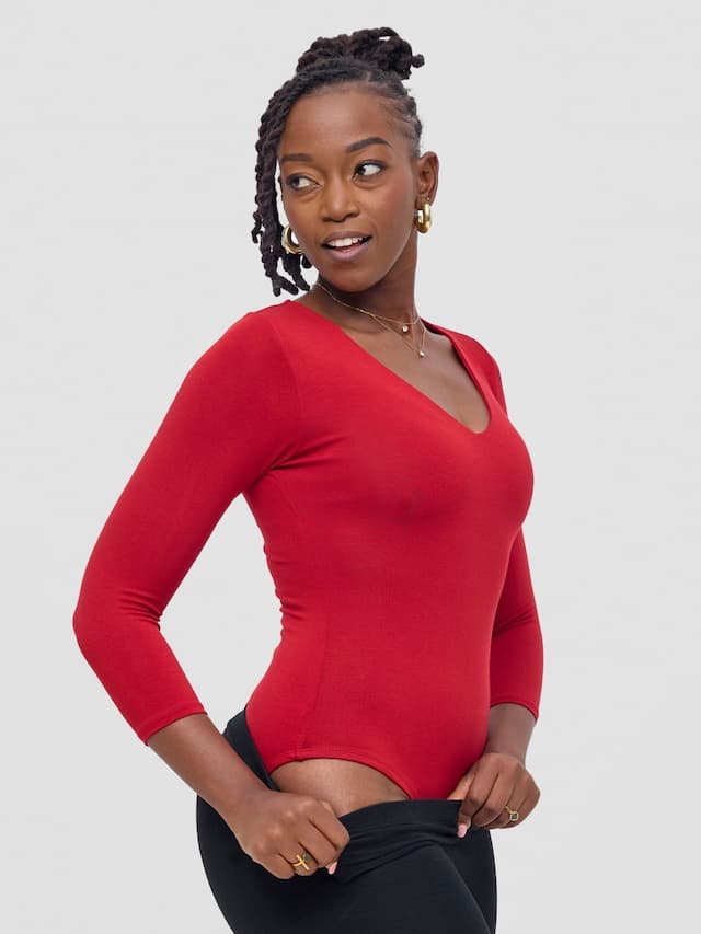 Vivo Basic 3/4 Sleeved Double Layered Bodysuit - Dark Red