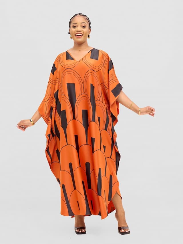 Vivo Amai Maxi Kaftan Dress - Orange / Black Lango Print