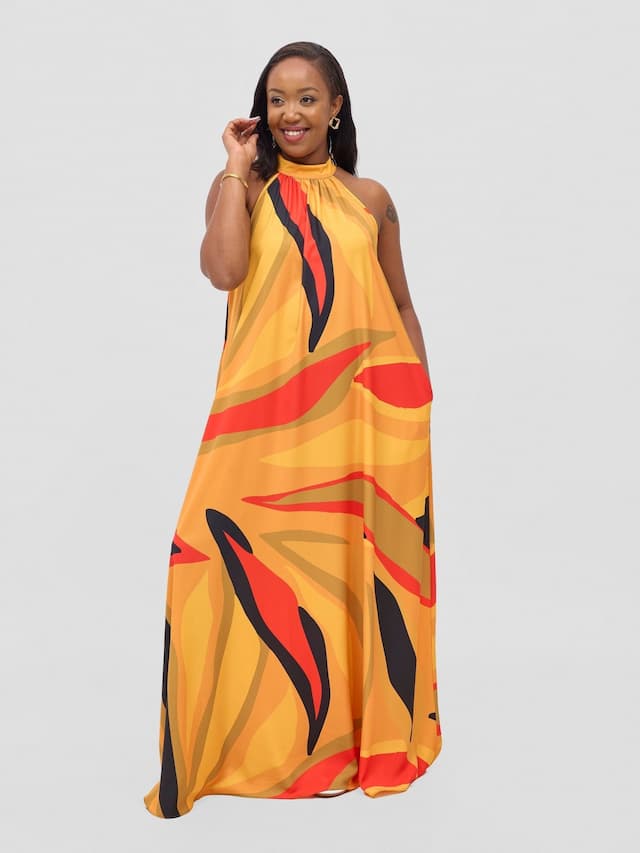 Vivo Kelemi Halter Maxi Dress - Mustard / Red Lana Print
