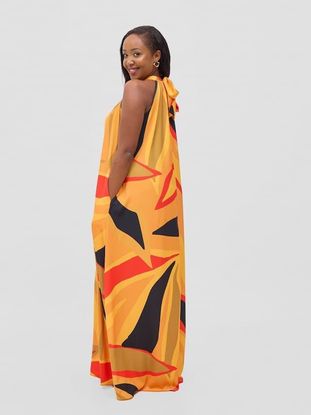 Vivo Kelemi Halter Maxi Dress - Mustard / Red Lana Print