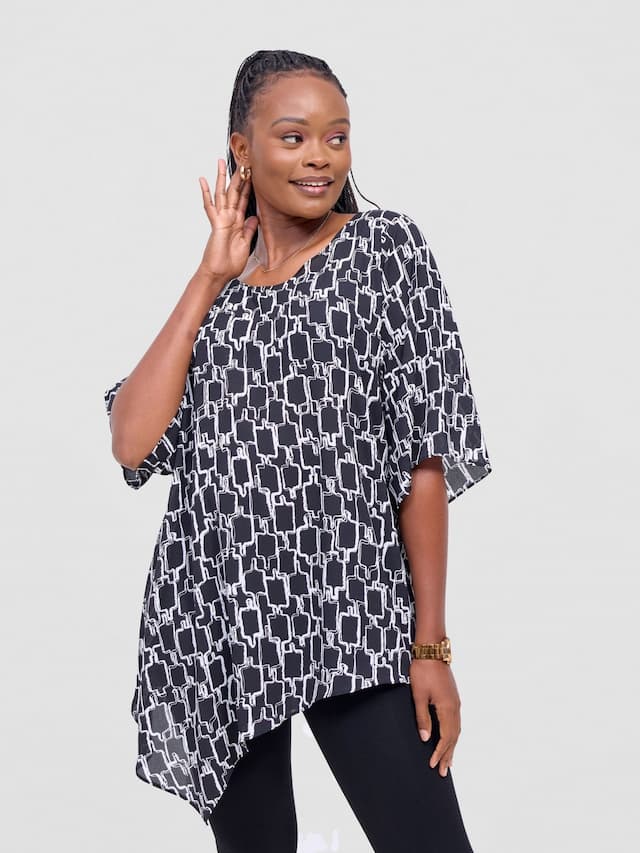 Vivo Sana Asymmetrical Angel Sleeve Top - Black / White Print