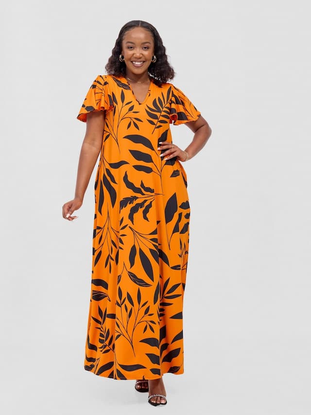 Vivo Ruwa Flounce Sleeve Tent Maxi Dress - Orange / Black Ua Print
