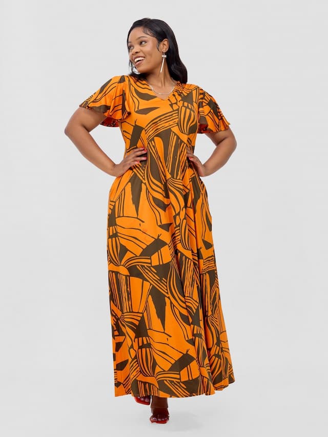 Vivo Ruwa Flounce Sleeve Tent Maxi Dress - Orange / Hunters Nila Print