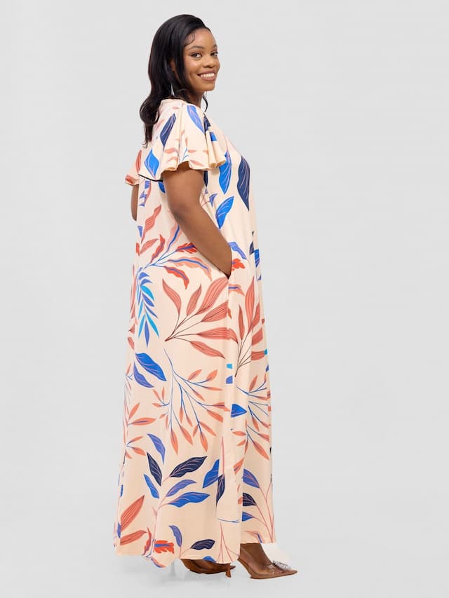 Vivo Ruwa Flounce Sleeve Tent Maxi Dress - Buttermilk / Blue Ua Print