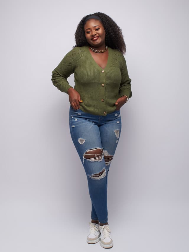 Tuli Zadi V-Neck Pointelle Long Sleeved Cardigan - Green