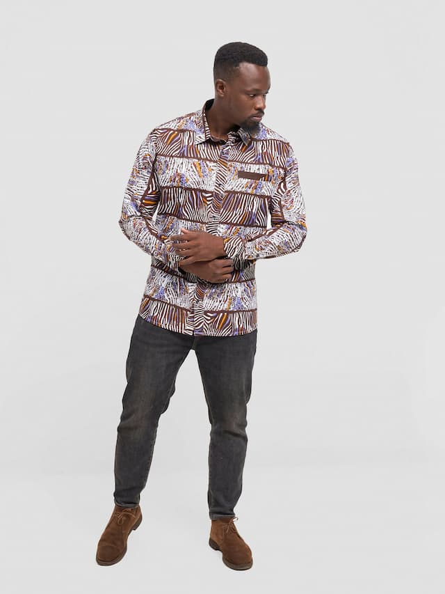 Mendilines Warm African Shirt - Brown / Purple Print