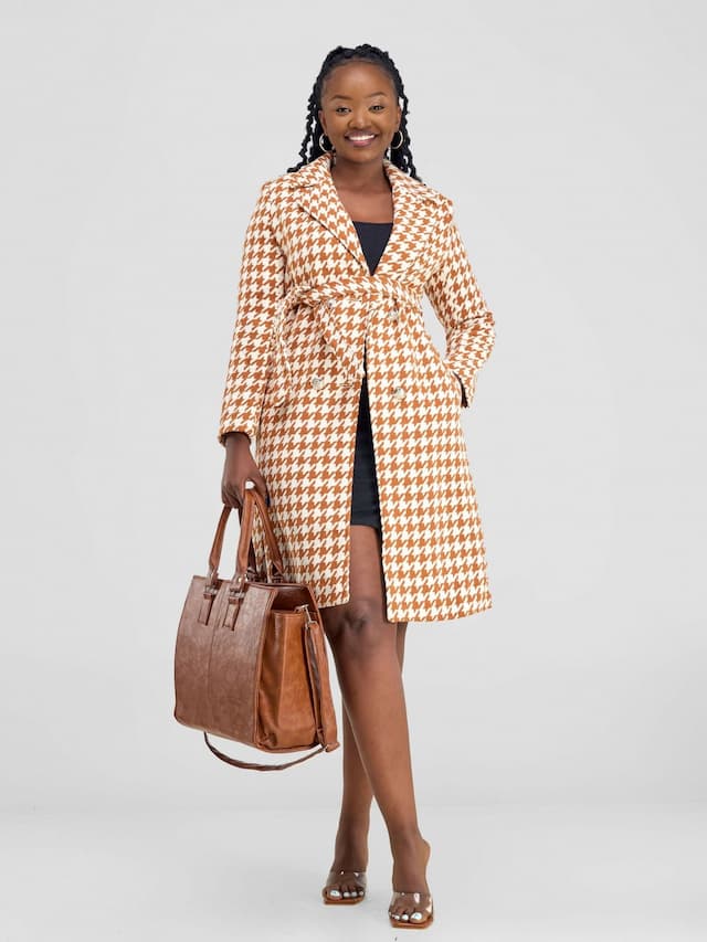 Stylish Sisters Houndstooth Trench - Coat Jacket - Orange / White