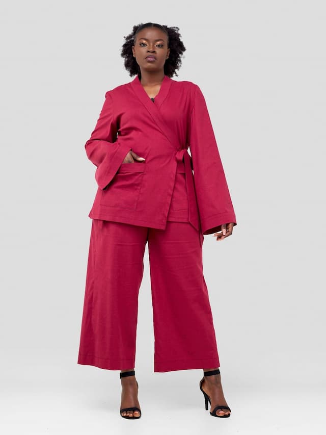 Izulu Olmeg Linen Pant Set - Maroon