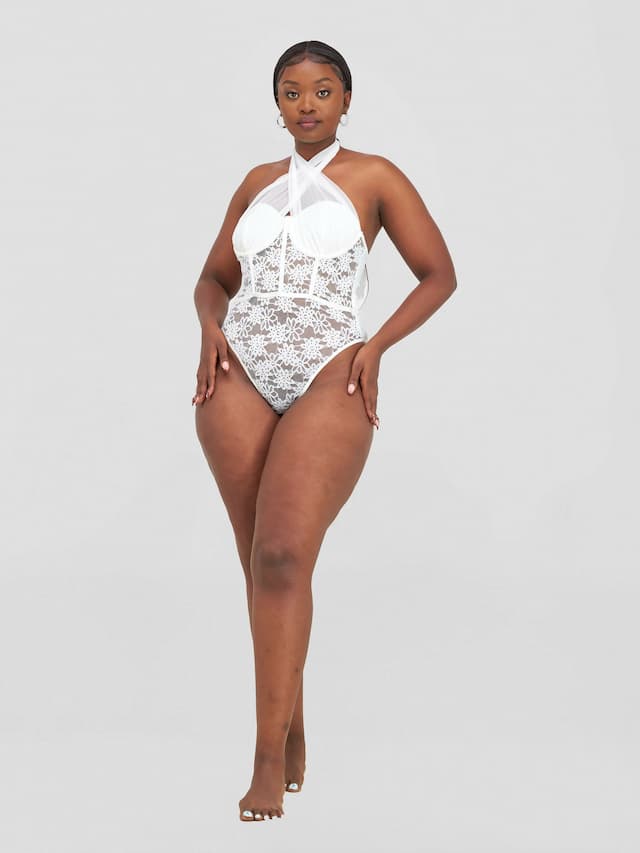 Sleeveless Bodysuit With Lace Criss Cross Cut Out Lingerie Set - White