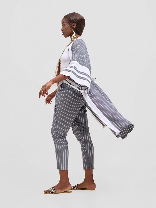 Liquid Lemn Mistari Cozy Striped Kimono Set - Grey / White