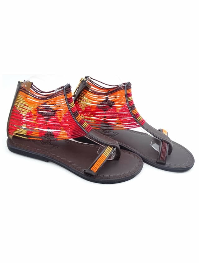 Azu Suzie Chain Zip Sandals - Chocolate / Orange / Red / Gold
