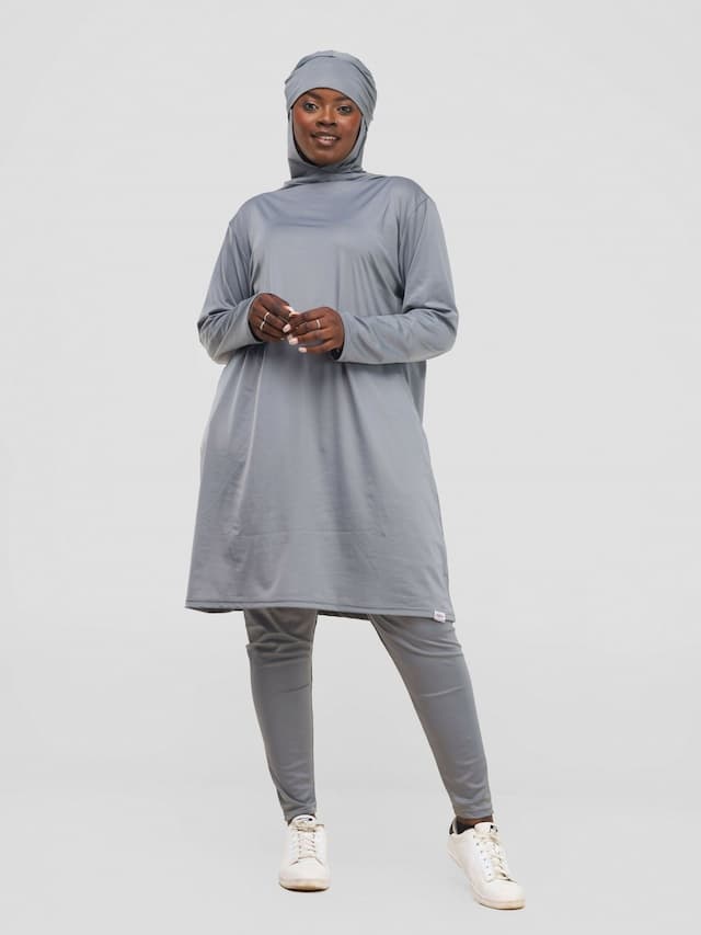 Modest Workout Hooded Tunic Top & Legging Set - Grey