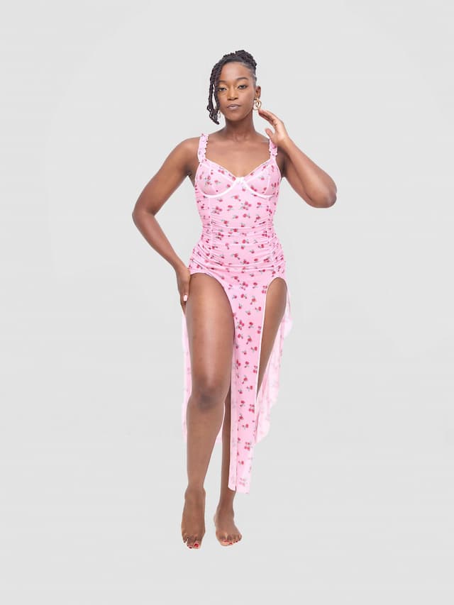 Posh Lingerie & More New Sexy Printed Backless Split Nightgown Mesh See Through Sexy Suspender Dress - Pink