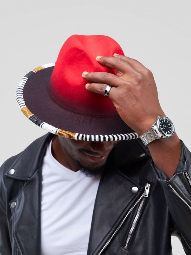 Umbo Collections Two Tone Beaded Fedora Hat - Red