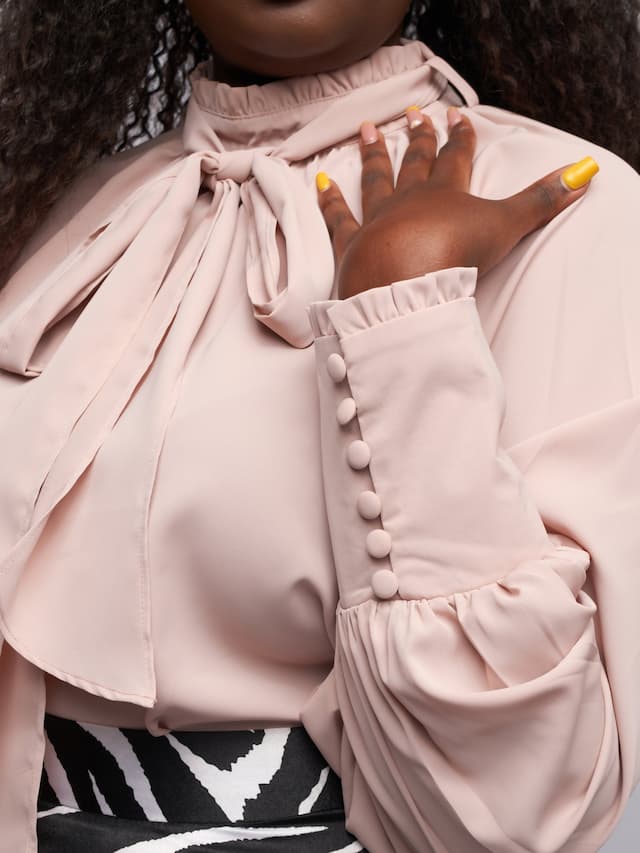 Tuli Danai Frilled Mock Neck Blouse - Beige