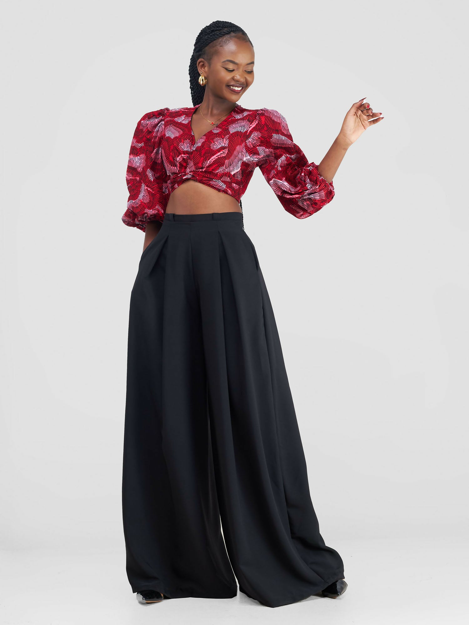 Alora African Print Wrap Top - Red & White Print
