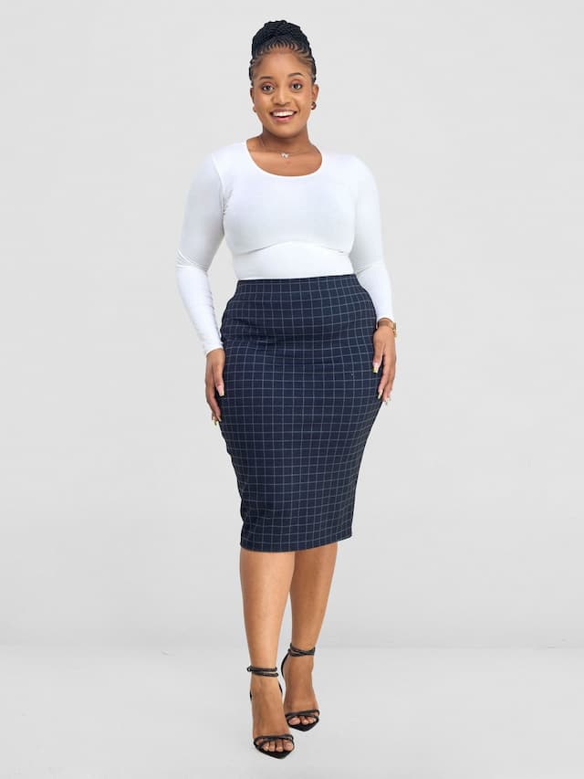 Vivo Paji Pencil Skirt - Navy Checkered Print