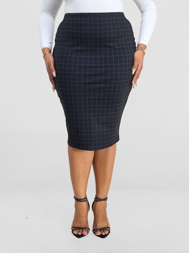 Vivo Paji Pencil Skirt - Taupe Checkered Print