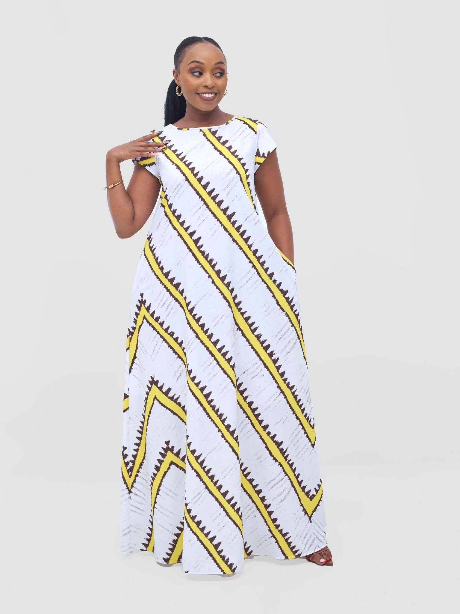 Vivo Basic Cap Sleeve Maxi Tent Dress - White / Yellow Sabi Print