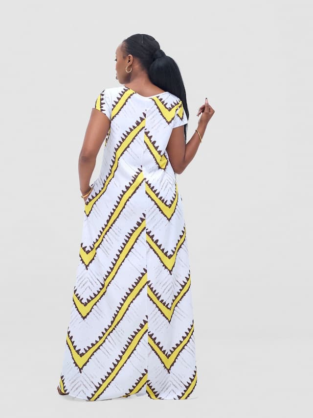 Vivo Basic Cap Sleeve Maxi Tent Dress - White / Yellow Sabi Print