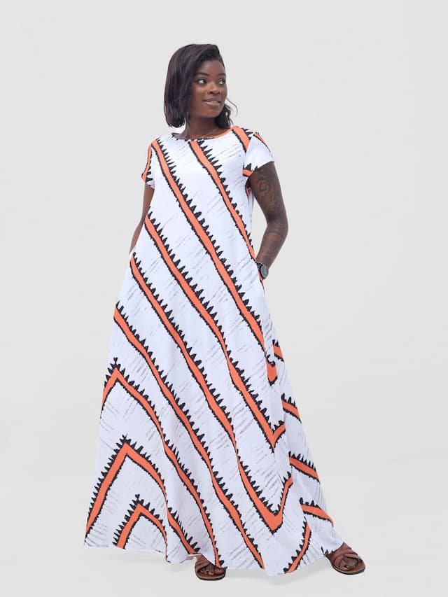 Vivo Basic Cap Sleeve Maxi Tent Dress - White / Orange Sabi Print