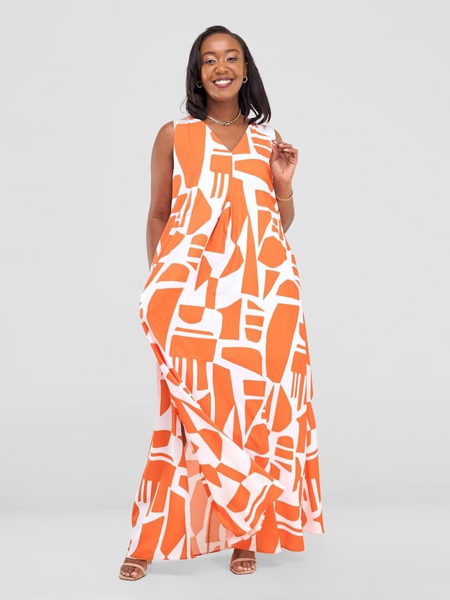 Vivo Ava Front Pleat Maxi Dress - Orange / White Samba Print