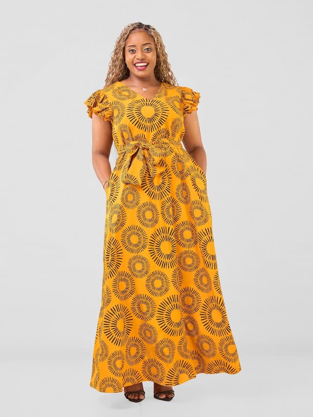 Vivo Nasinka A-line Maxi Dress - Mustard / Black Bombo Print