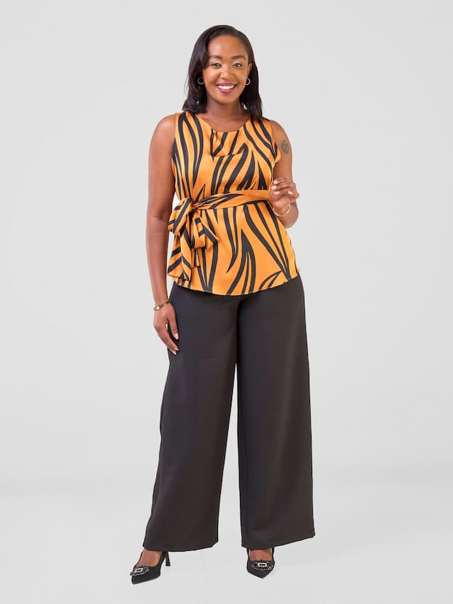 Vivo Raha Waist Tie Top - Dark Mustard/ Black Ameli Print