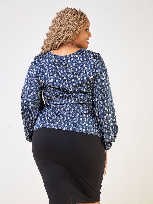 Vivo Basic Izzy Satin Bishop Sleeve Top - Navy Teli Print