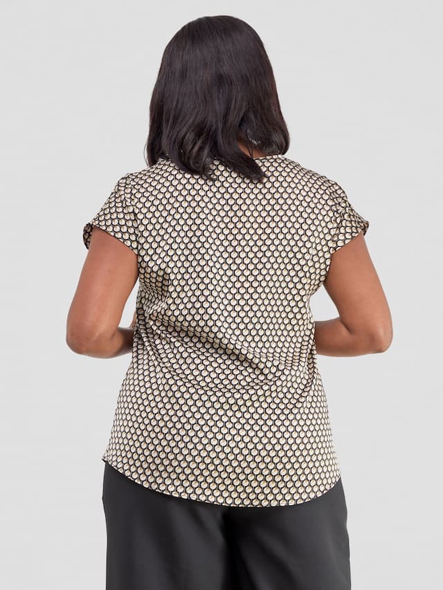 Vivo Basic Satin Dropped Shoulder Top - Black / Taupe Deli Print