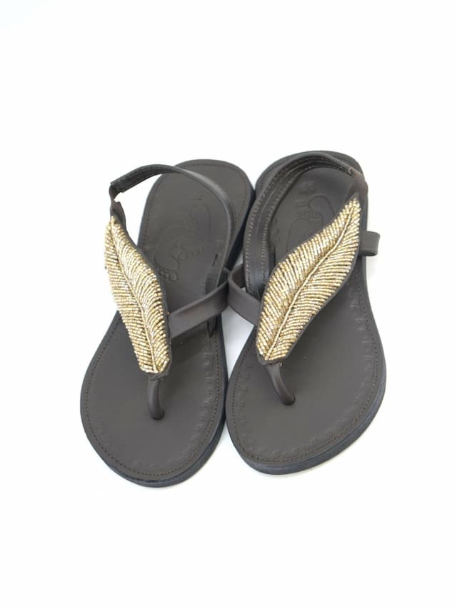 Azu's Casual Leaf Backstrap Sandals - Dark Brown / Gold Beads