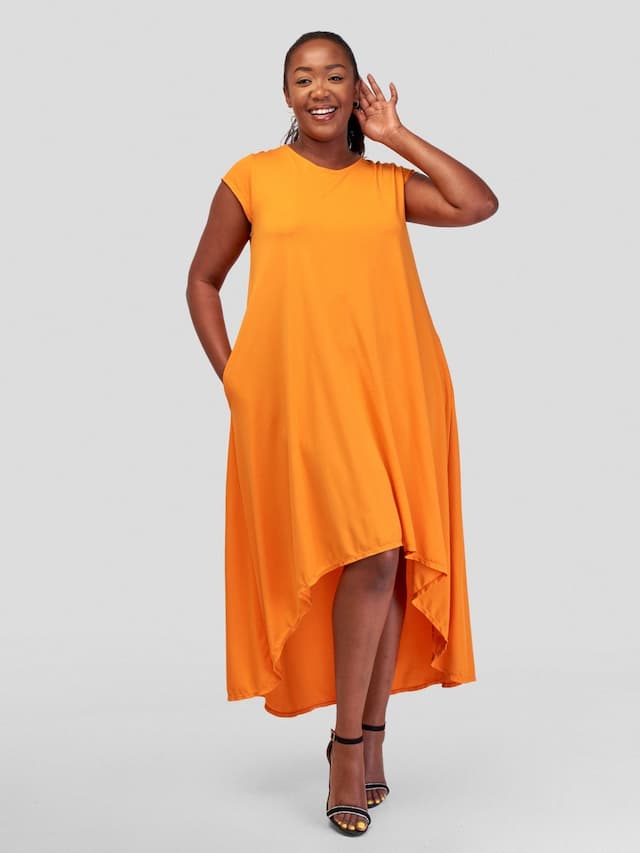 Vivo Ponte Back Pleat High Low Dress - Marigold