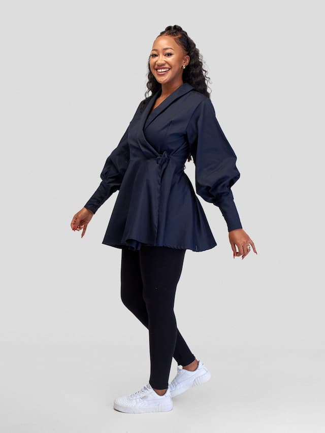 Safari Hawi Peplum Bishop Sleeve Wrap Coat - Navy Blue