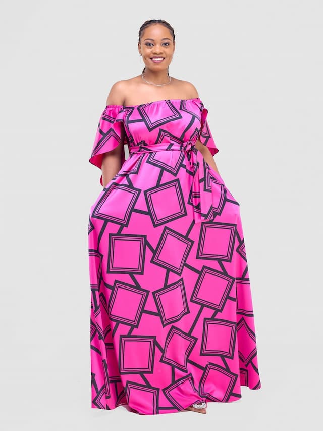 Vivo Amai Off-Shoulder Maxi Dress - Hot Pink / Black Biya Print