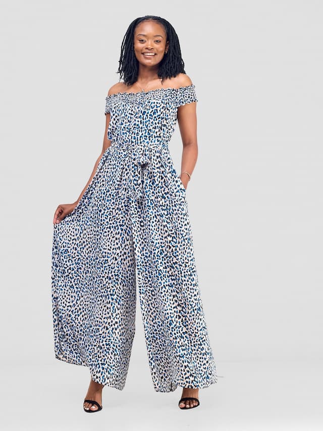 Vivo Alek Shirred Off- Shoulder Jumpsuit - Blue / White Print