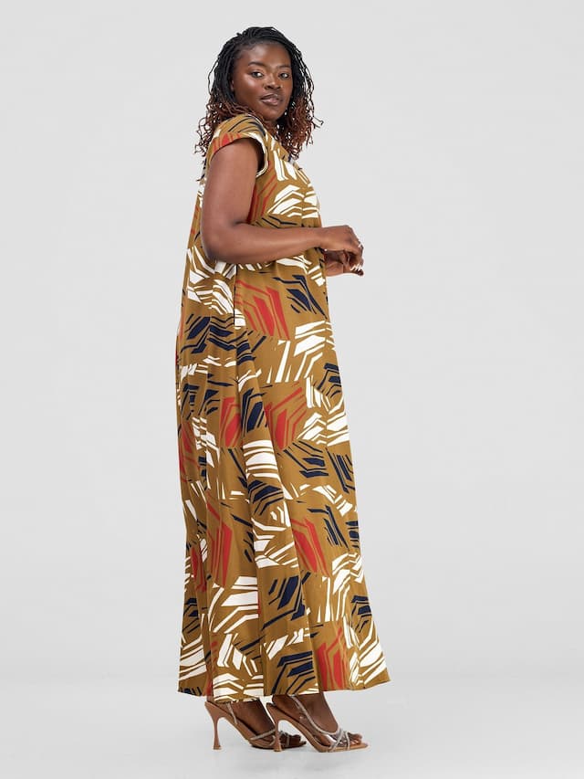 Vivo Basic Cap Sleeve Maxi Tent Dress - Brown / Red Print