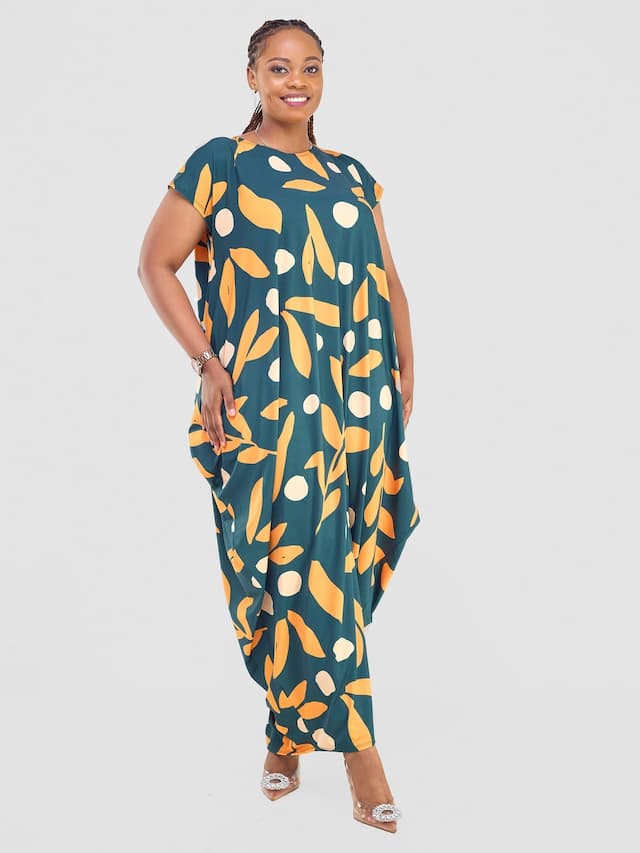 Vivo Fimi Drop Shoulder Maxi Dress - Dark Green / Orange Mbale Print