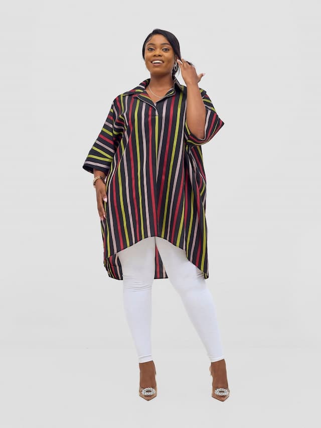 Vivo Mistari 3/4 Sleeve  V - Neck Collared Tunic Top -  Red / Olive Stripes