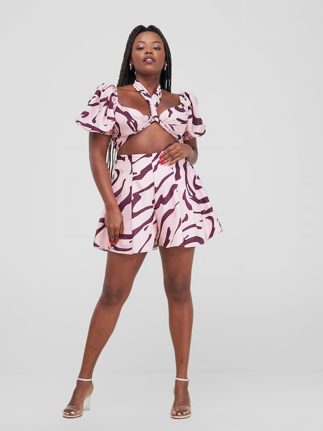 Zoya Shani Cropped Tie Top - Burgundy / Peach Sani Print