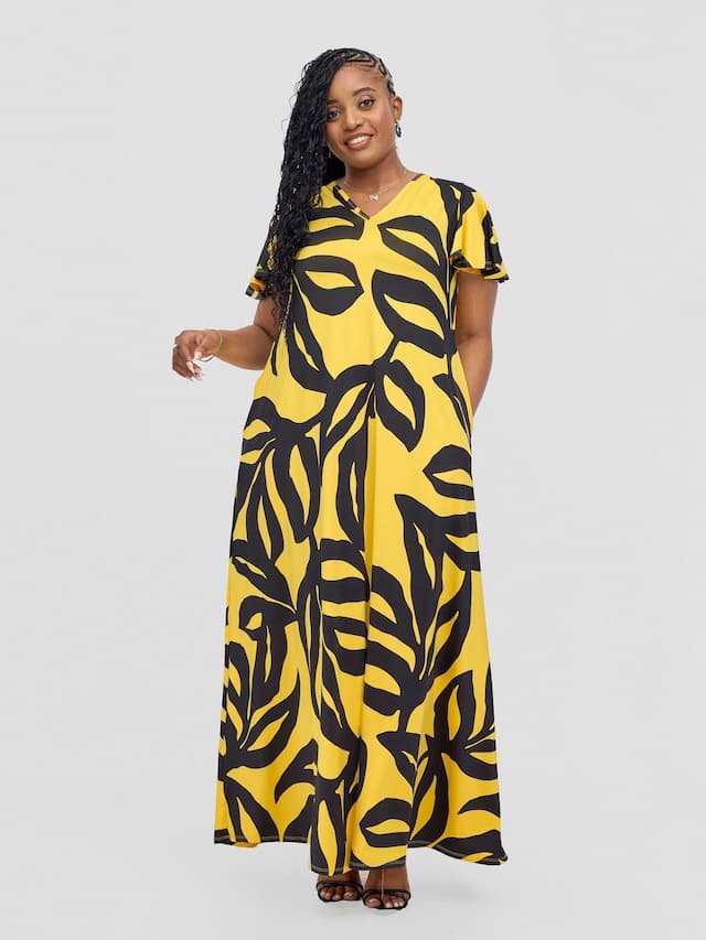 Vivo Ruwa Flounce Sleeve Tent Maxi Dress - Mustard / Black Sese Print