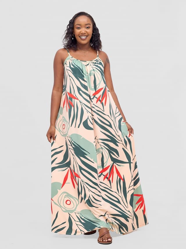 Vivo Sarabi Strappy Low Back Maxi Dress - Peach / Green Deza Print