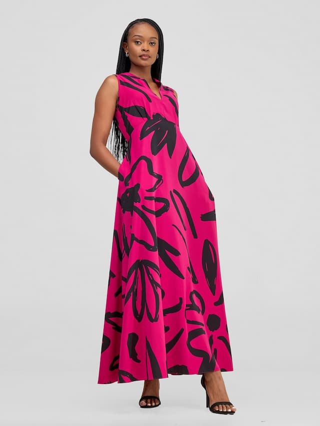 Vivo Chesi V-Neck Maxi Dress - Hot Pink / Black Hesi Print