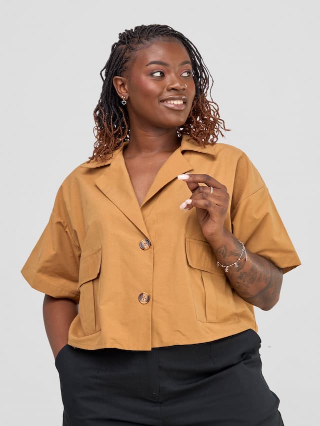 Safari Bush Cropped Short Sleeve Shacket - Gold