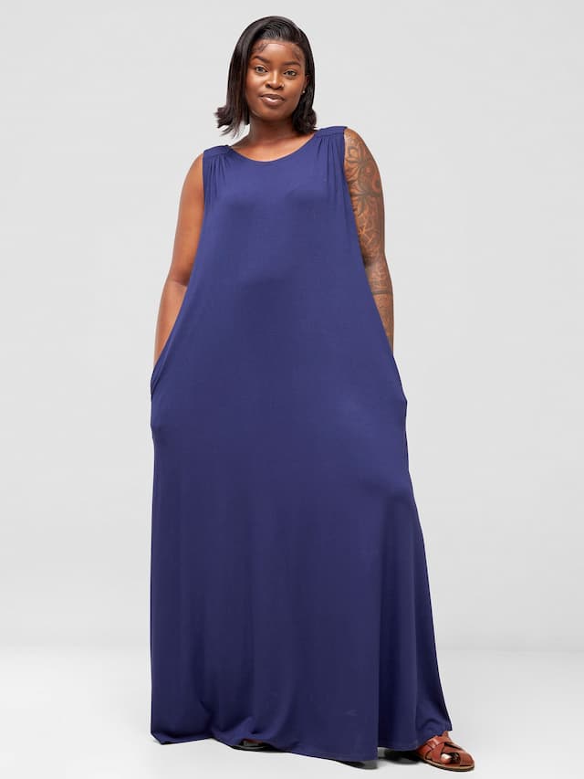 Vivo Safiya Gathered Shoulder Maxi Dress - Navy